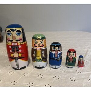 Modern Wooden Nesting Nutcracker Dolls Set of 5 Colorful Christmas Deco